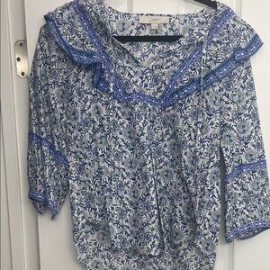 LOFT White and Blue Patterned Blouse